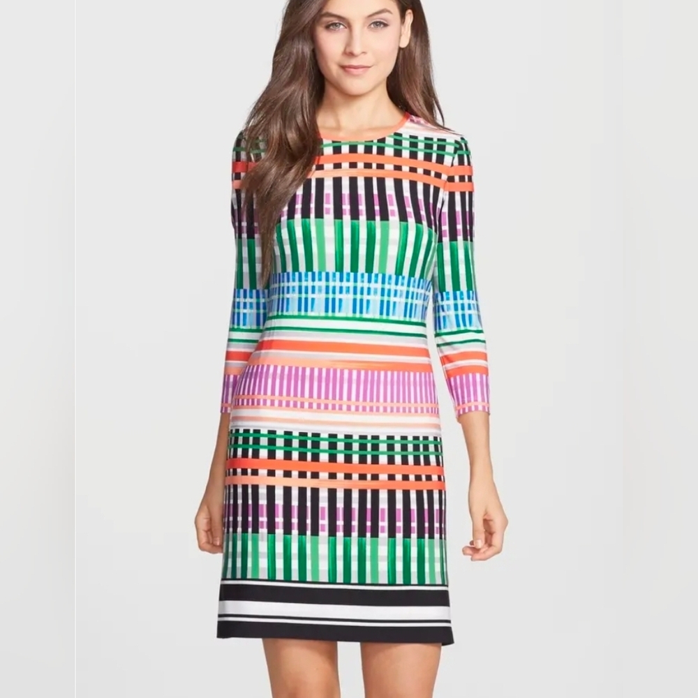 Eliza J Multicolor Geometric Stripe Shift Dress Sz 6 3/4 Sleeve Office Work